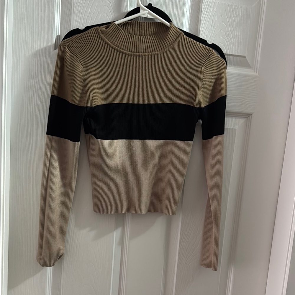 Tan and Black Ribbed Long Sleeve Sweater